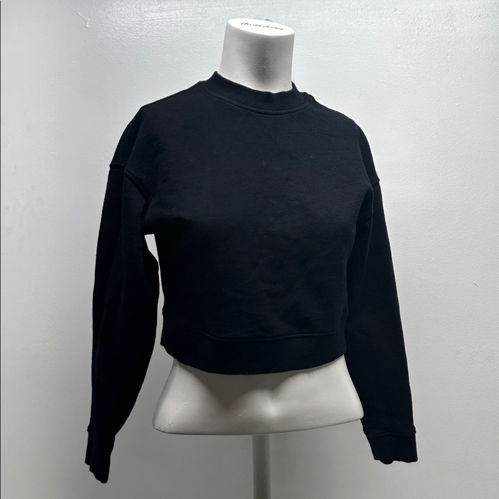 Naadam Cropped Fleece Sweatshirt Top Long Sleeve Cotton Cashmere Black Size XXS